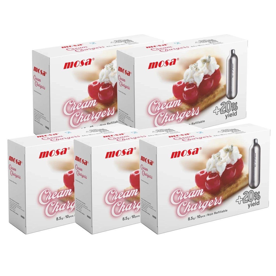 Cream Chargers by Mosa - 5 Boxes of 10 N2O 8.5g (100 Cartridges)